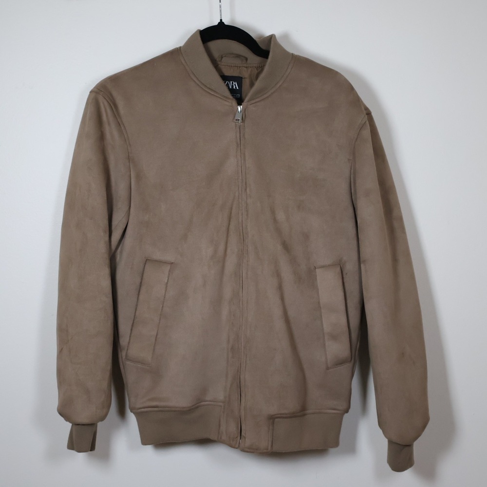 Zara Bomber Jacket Men Size Small Faux Suede Tan Beige Quilted Lining Full Zip